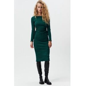 Zara cut out Deep Green Ribbed Long Sleeve Midi Dress